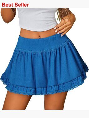 Polyester Mini Skirt High Waist Lace Trim A Line Ruffle Hem